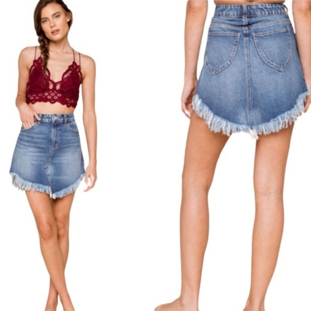 We The Free Free People Bailey Fringe Hem Blue Denim Mini Skirt